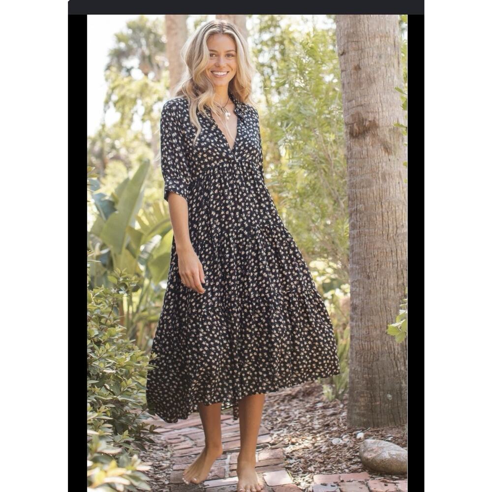 Natural Life Dress Womens XL Rebecca Black Floral Collared Midi Boho Shirt